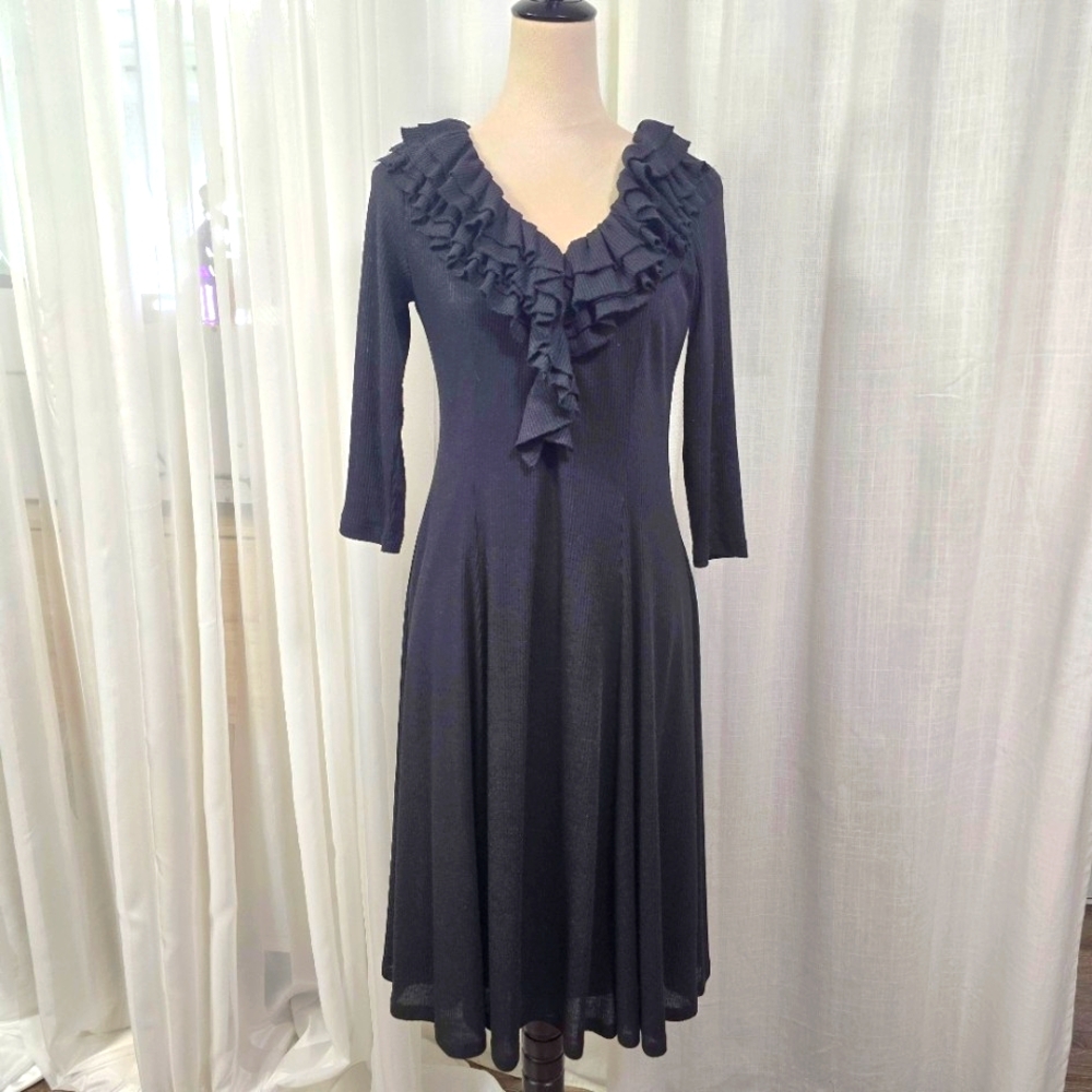 Signature by Robbie Bee Black Victorian Ruffle‎ Midi A Line Dress Womens Size M